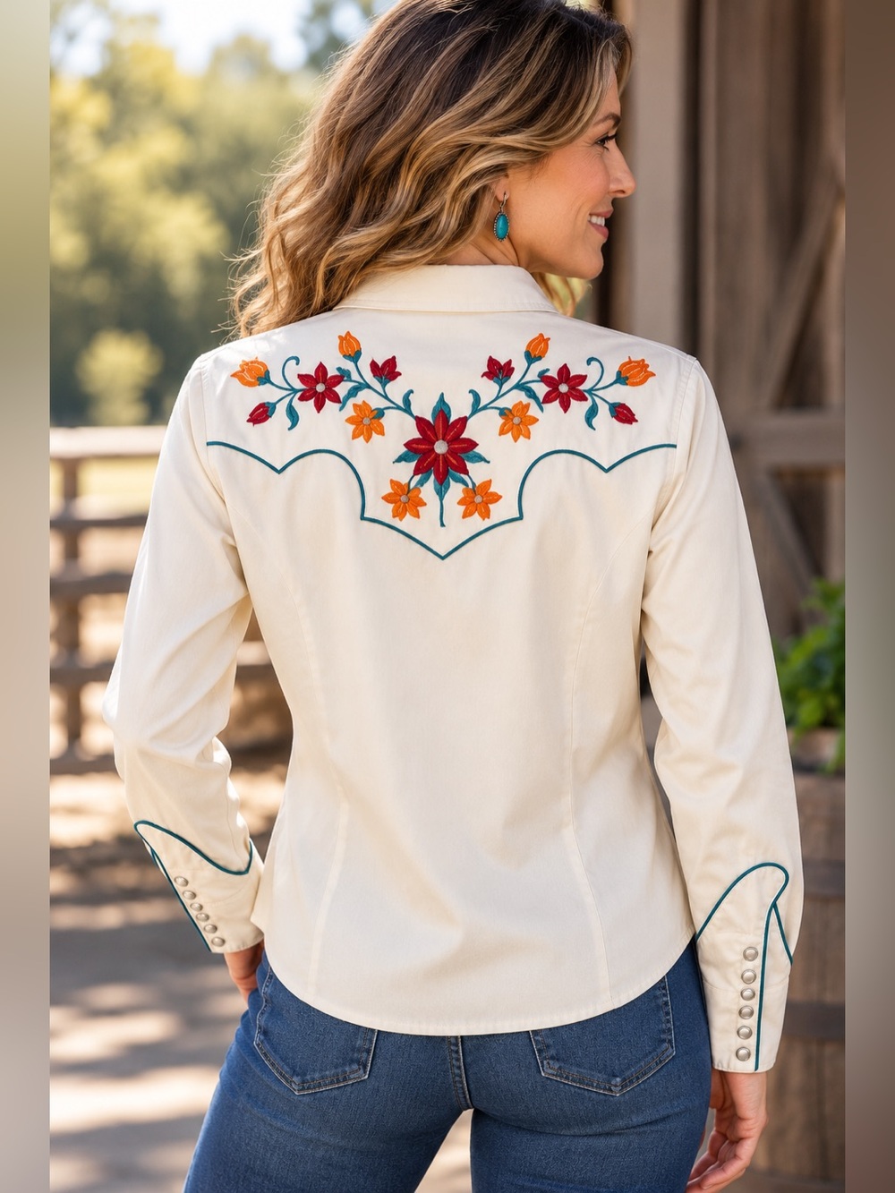 Get It Quick! Roper Western Shirt XL Ivory Embroidered Pearl Snaps Rodeo Cowgirl